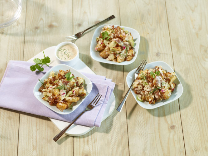 Crispy smashed potato salad is a new take on this summer favorite